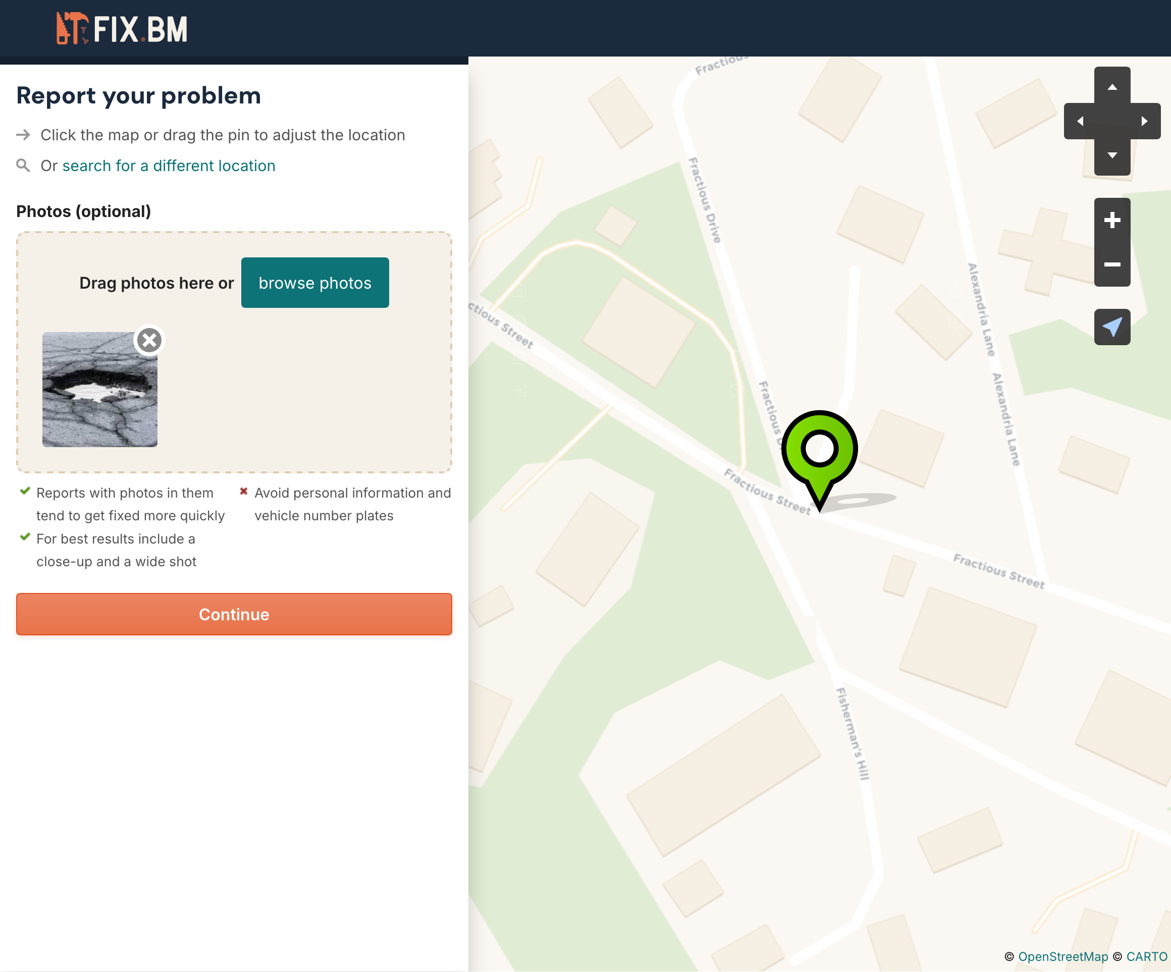 Photo upload area showing a pothole photo attached to the report