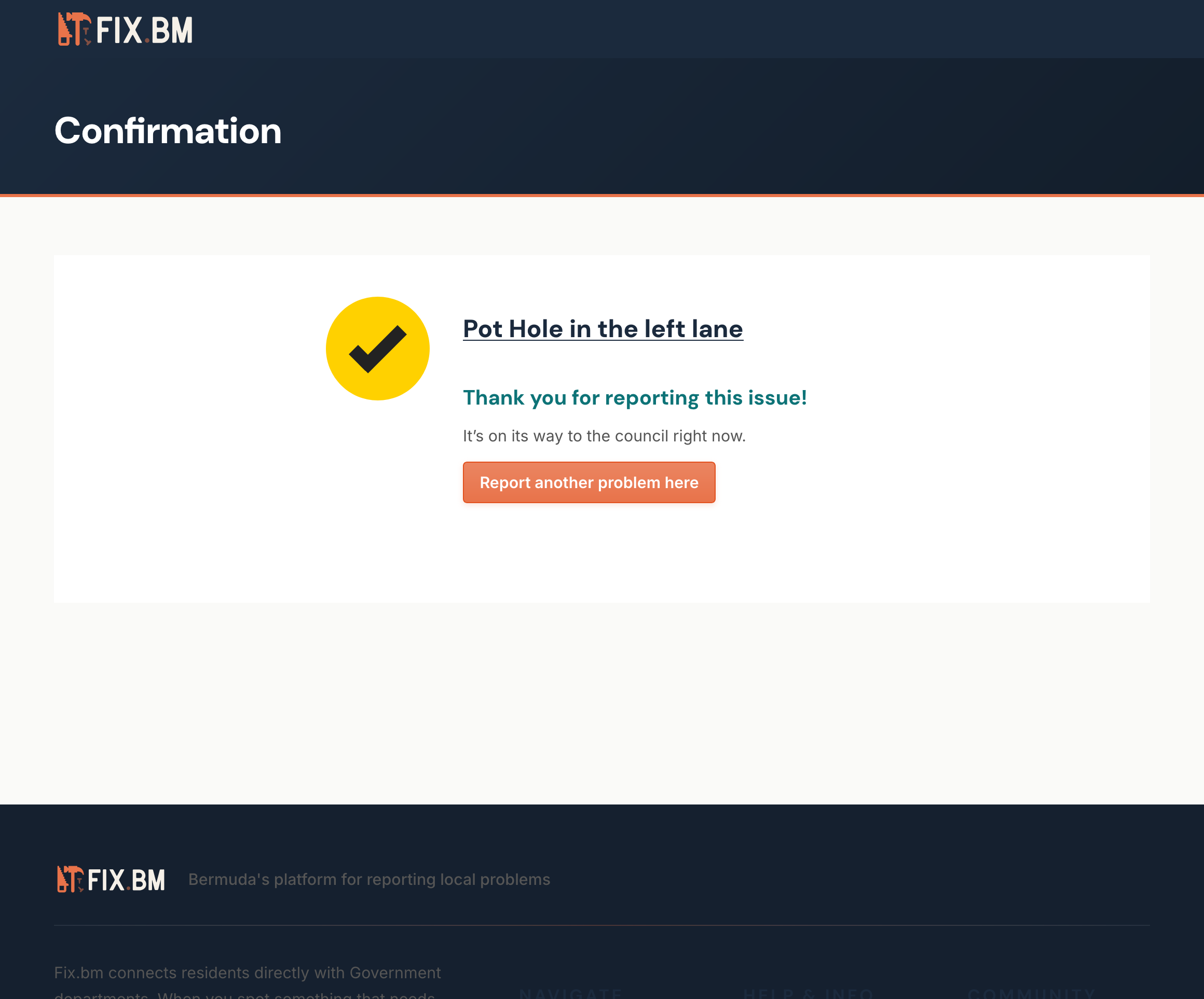 Confirmation page showing 'Thank you for reporting this issue' with a green tick